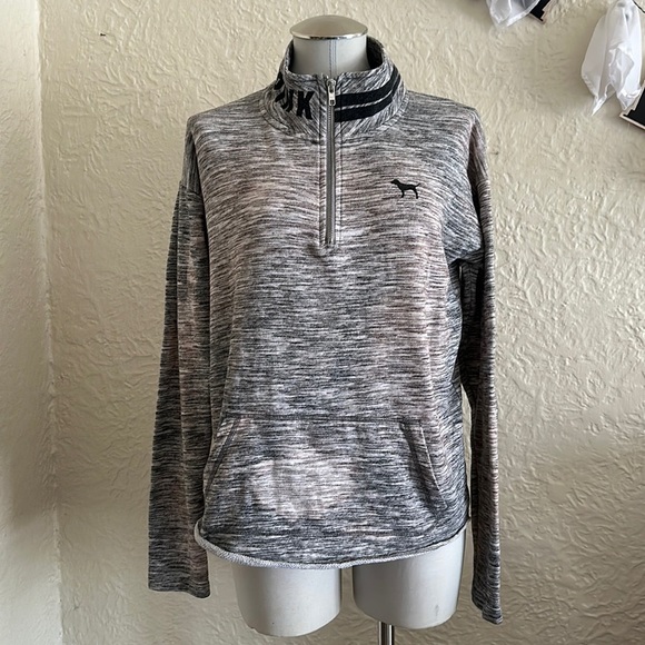 Victoria’s Secret Pink Heather Space Dye Gray Black Dog Quarter Zip Sweatshirt S - Picture 1 of 9